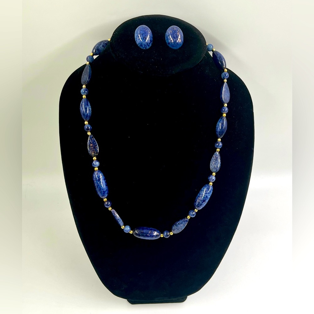 Vintage Blue and Gold Necklace and Blue Clip on Earrings